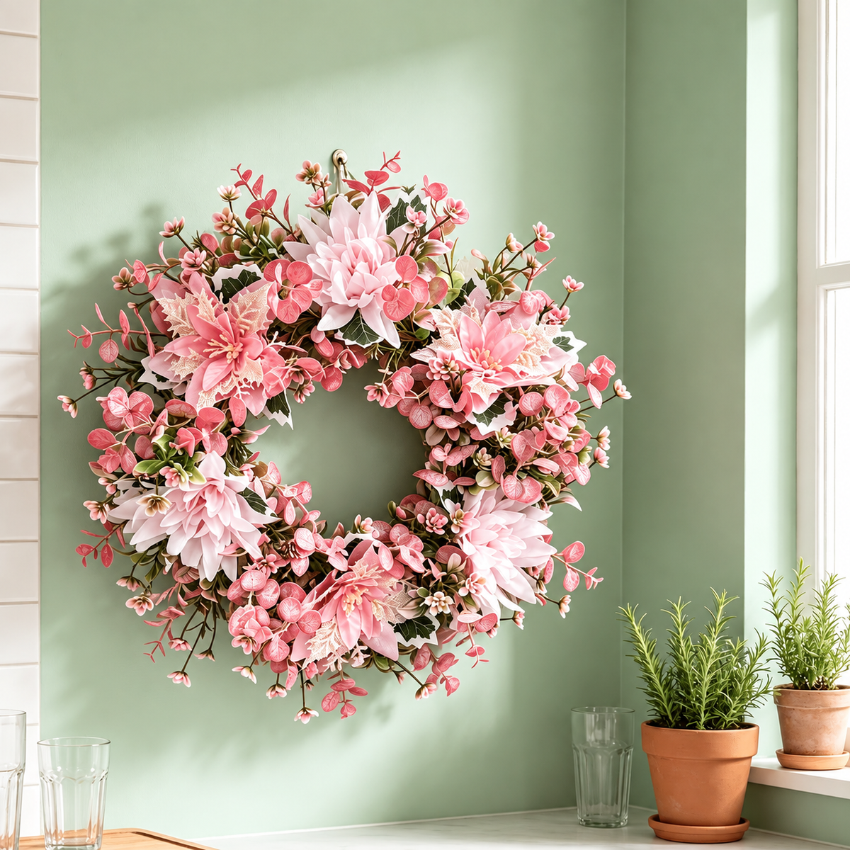 Pink artificial flower wreath on a green wall beside small plant pots