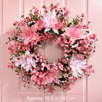 Pink artificial floral wreath size guide showing approximately 16.5 inches or 42 centimeters