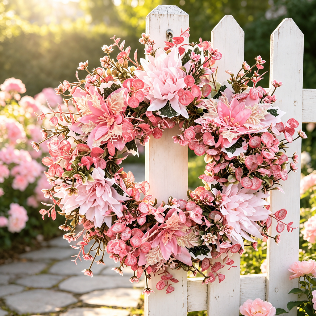 Pink artificial floral wreath hanging on a white garden fence