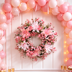 Pink floral wreath displayed beneath a separate pink balloon arch