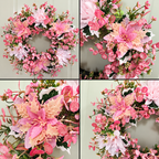 Four panel collage showing a pink flower wreath and close ups of its artificial flowers
