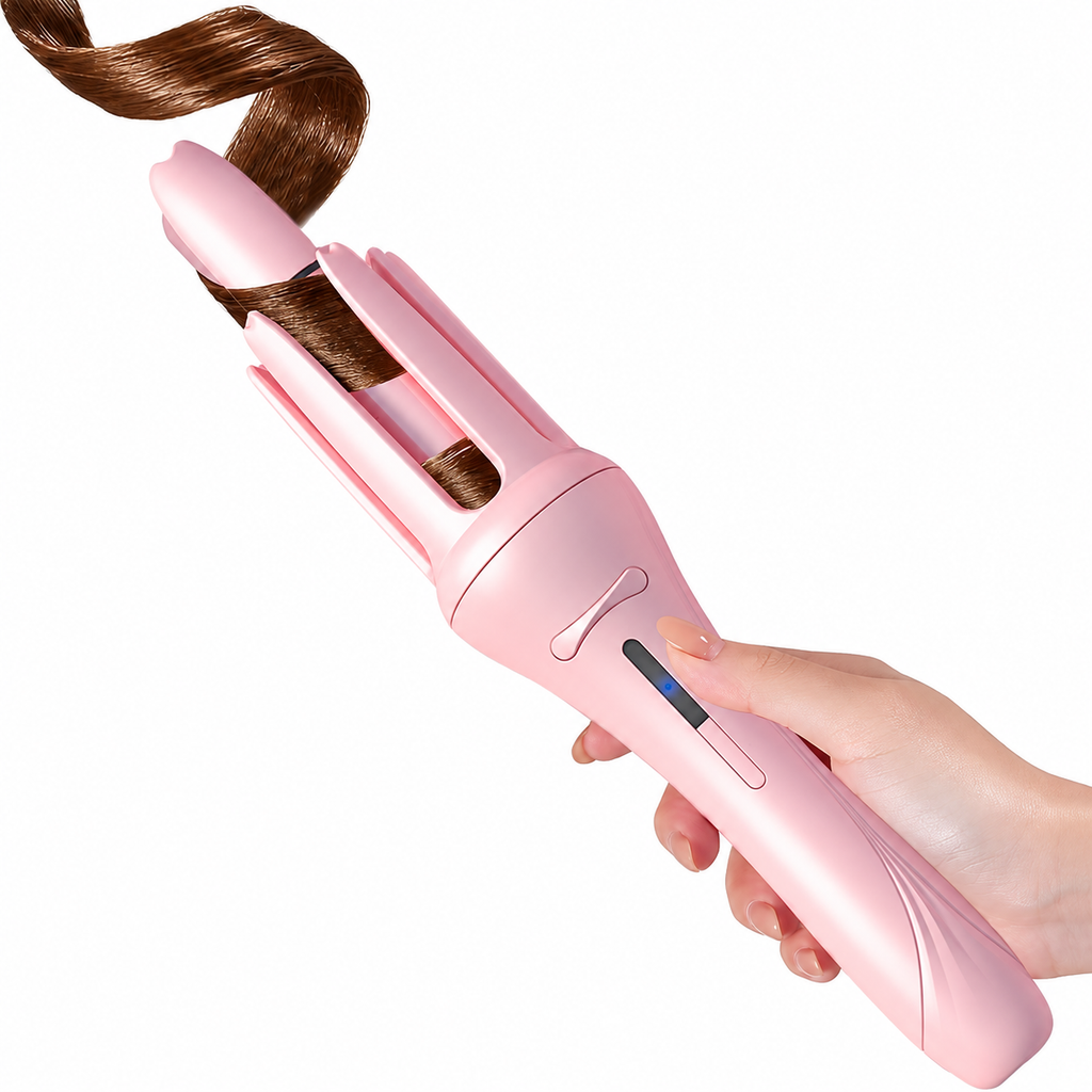 Pale pink automatic curler held around a section of hair
