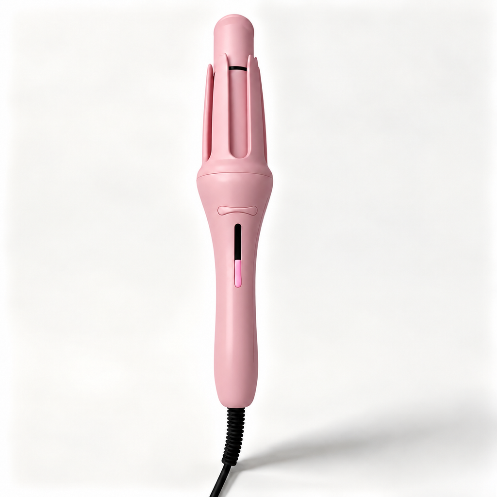 Pink automatic hair curler isolated from the original upright source view