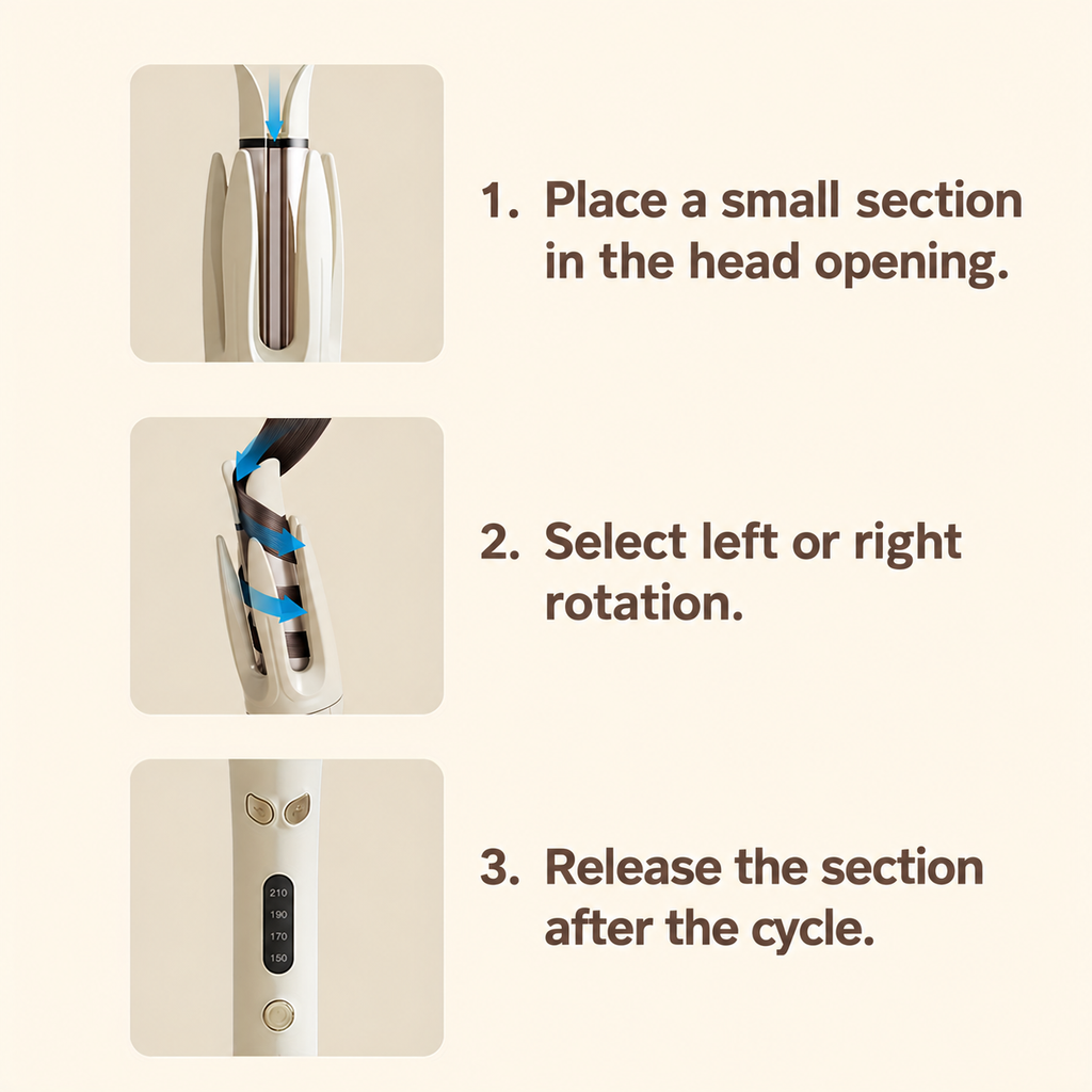 Automatic curler in the original three step instruction layout