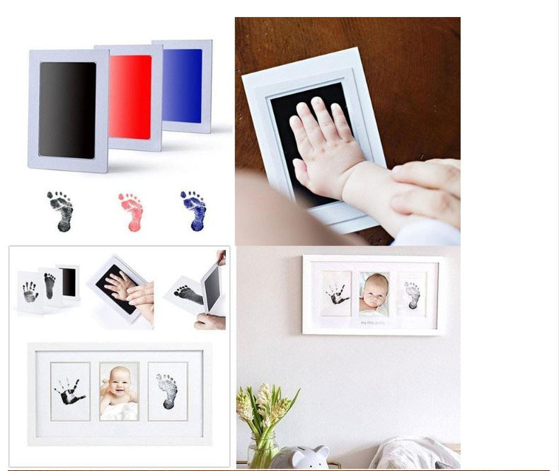 Baby handprint kit shown in a collage of colors and framed keepsakes