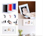 Baby handprint kit shown in a collage of colors and framed keepsakes