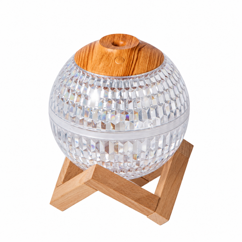Humidificateur sphérique | Boîtier à facettes en ABS avec brume ultrasonique et alimentation USB, sur un socle imitation bois