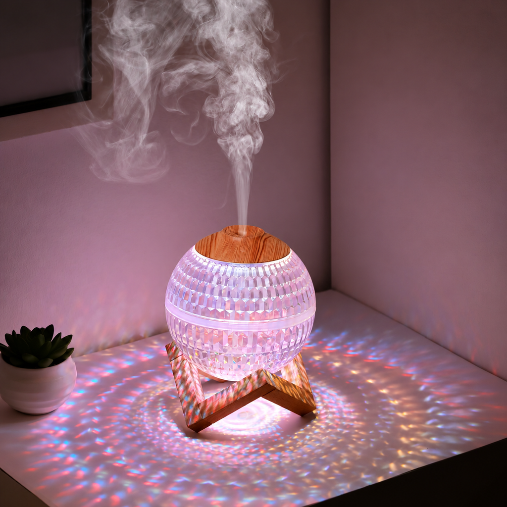 Purple lit ball humidifier in its original tabletop setting