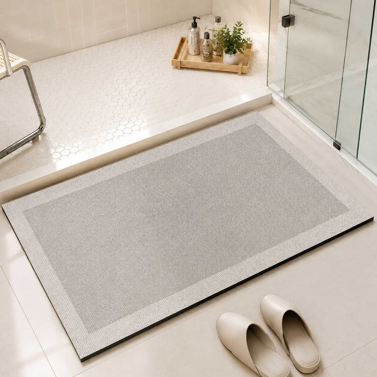 Light gray quick dry bath mat beside a glass shower with slippers nearby.