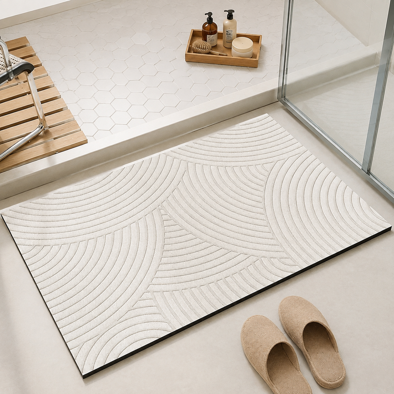 White quick dry bath mat with raised arc lines beside a glass shower.