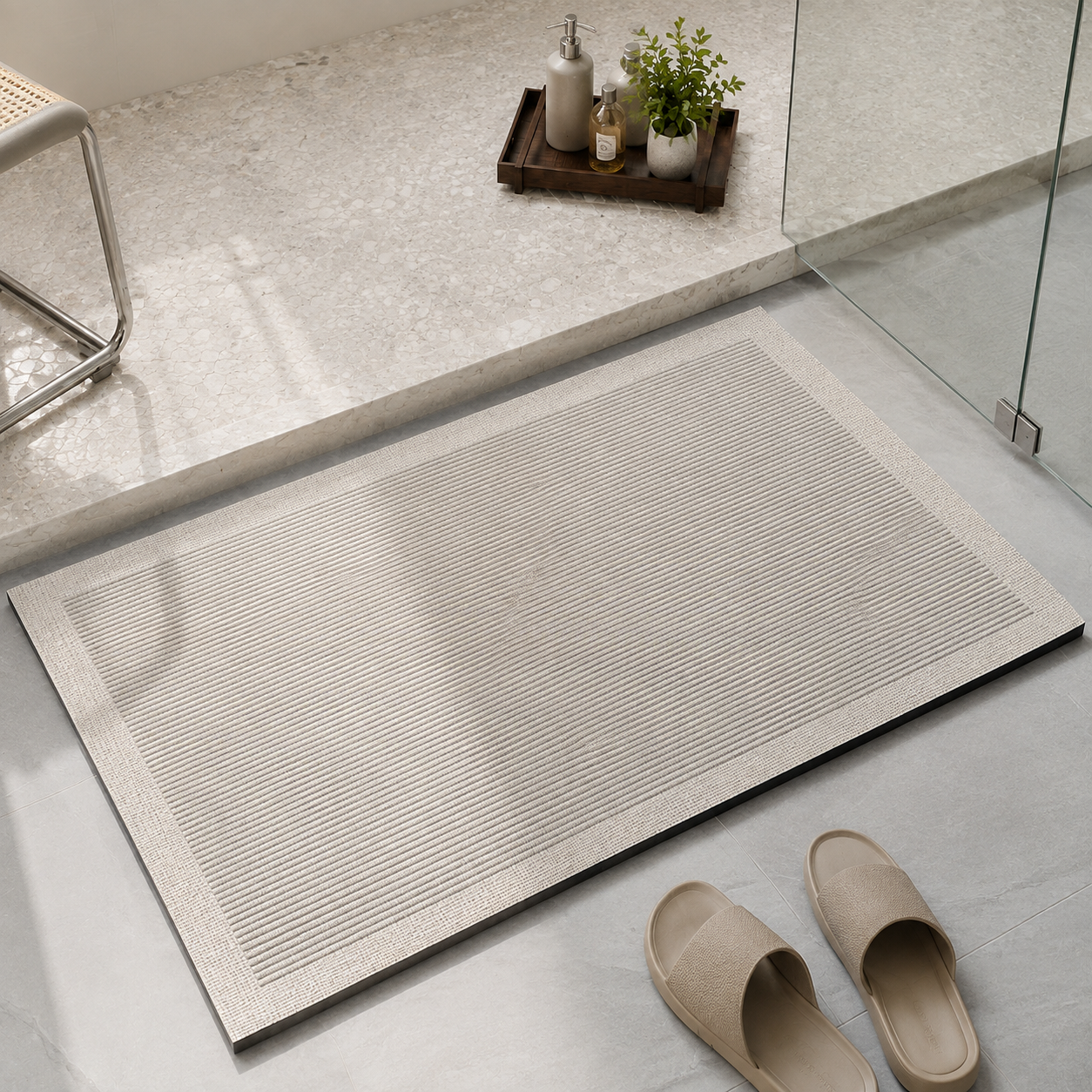 Light gray quick dry bath mat with fine parallel lines beside a glass shower and taupe slides.