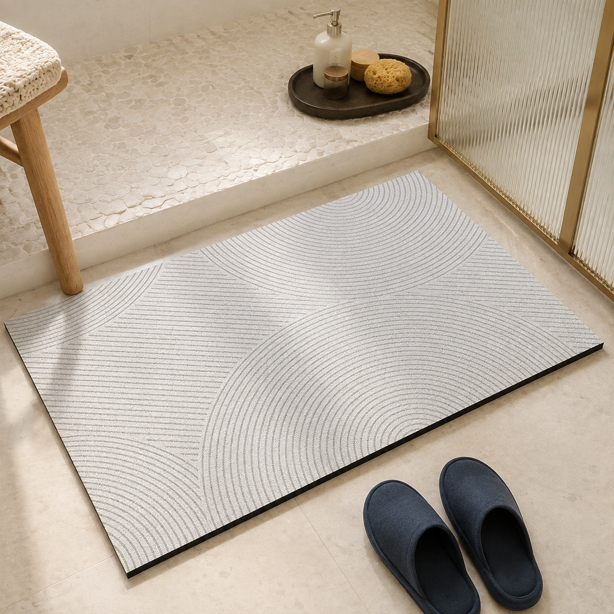 White quick dry bath mat with intersecting gray arcs beside a ribbed glass shower.