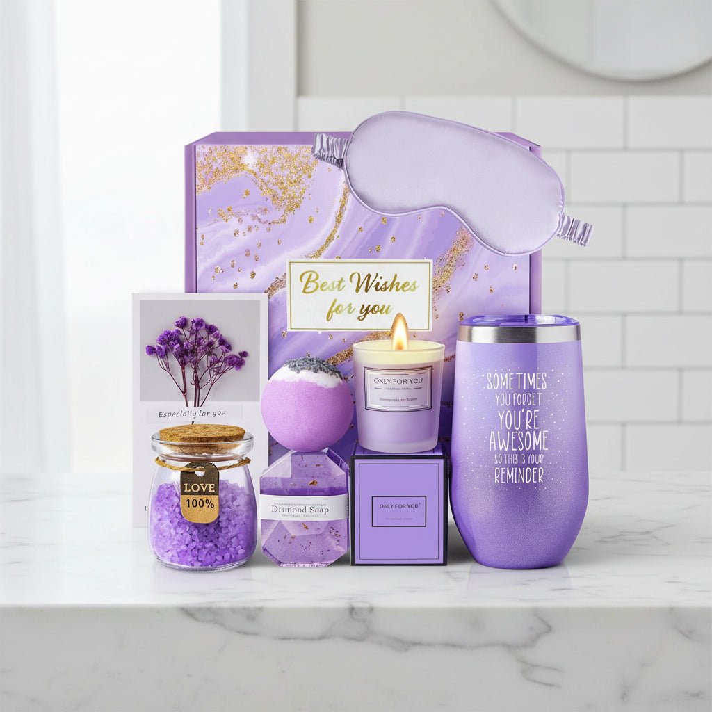 Purple bath and aromatherapy gift set displayed on a bathroom counter.