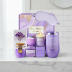 Purple bath and aromatherapy gift set displayed on a bathroom counter.