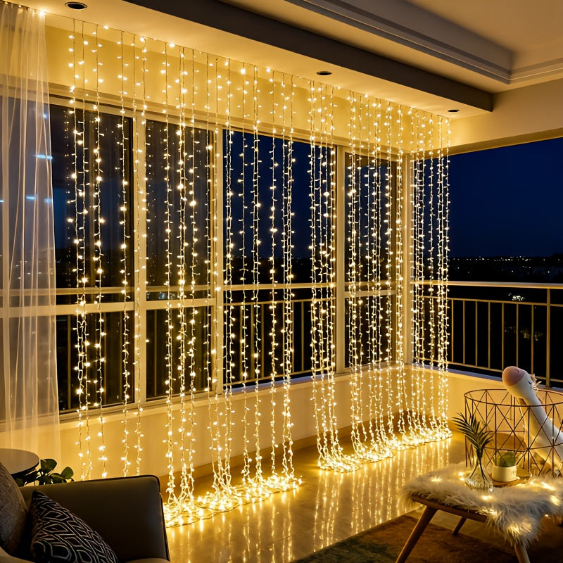 Golden warm curtain lights across a window, 300 LEDs