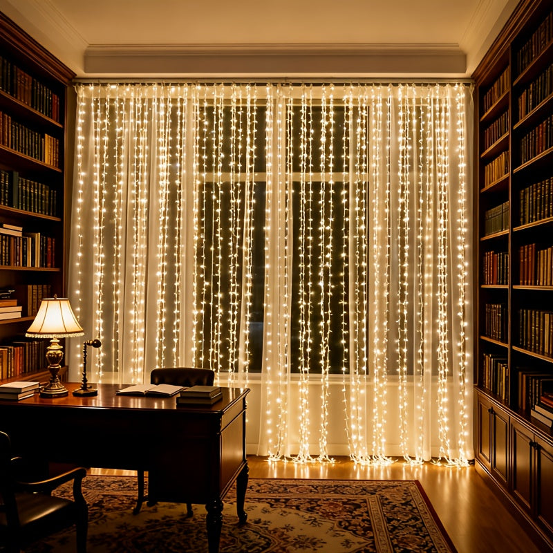 Golden warm curtain lights in a study window