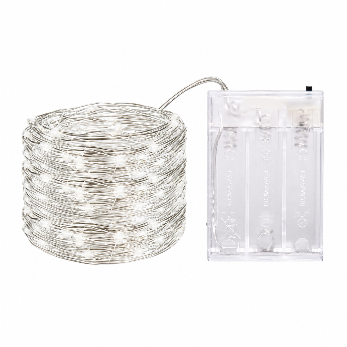 White fairy string lights coiled beside a transparent battery case.