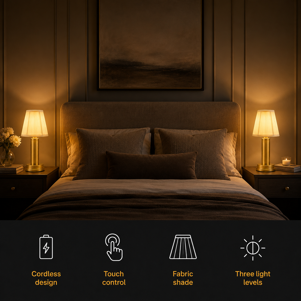 Two gold table lamp units beside a bed with a lower icon bar listing visible product features.