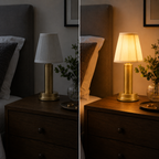 Table lamp shown off on the left and glowing warm on the right on the same bedside cabinet.