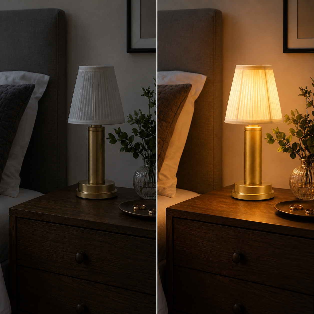 Table lamp shown off on the left and glowing warm on the right on the same bedside cabinet.