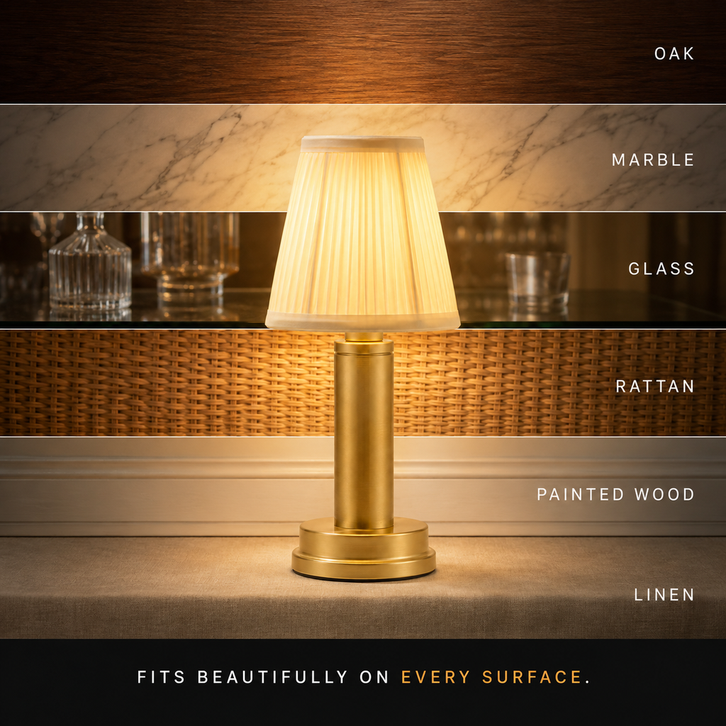 Gold table lamp displayed against six different surface finishes in a compatibility graphic.
