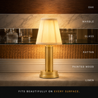 Gold table lamp displayed against six different surface finishes in a compatibility graphic.