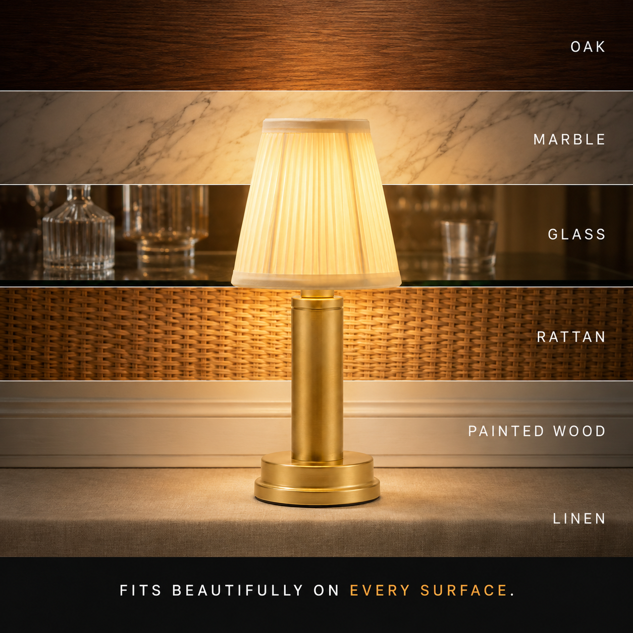 Gold table lamp displayed against six different surface finishes in a compatibility graphic.