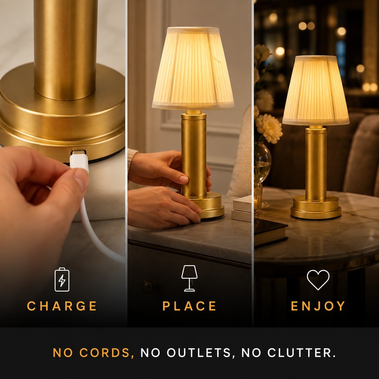Table lamp shown in three panels for charging, placing on a surface, and using it while illuminated.