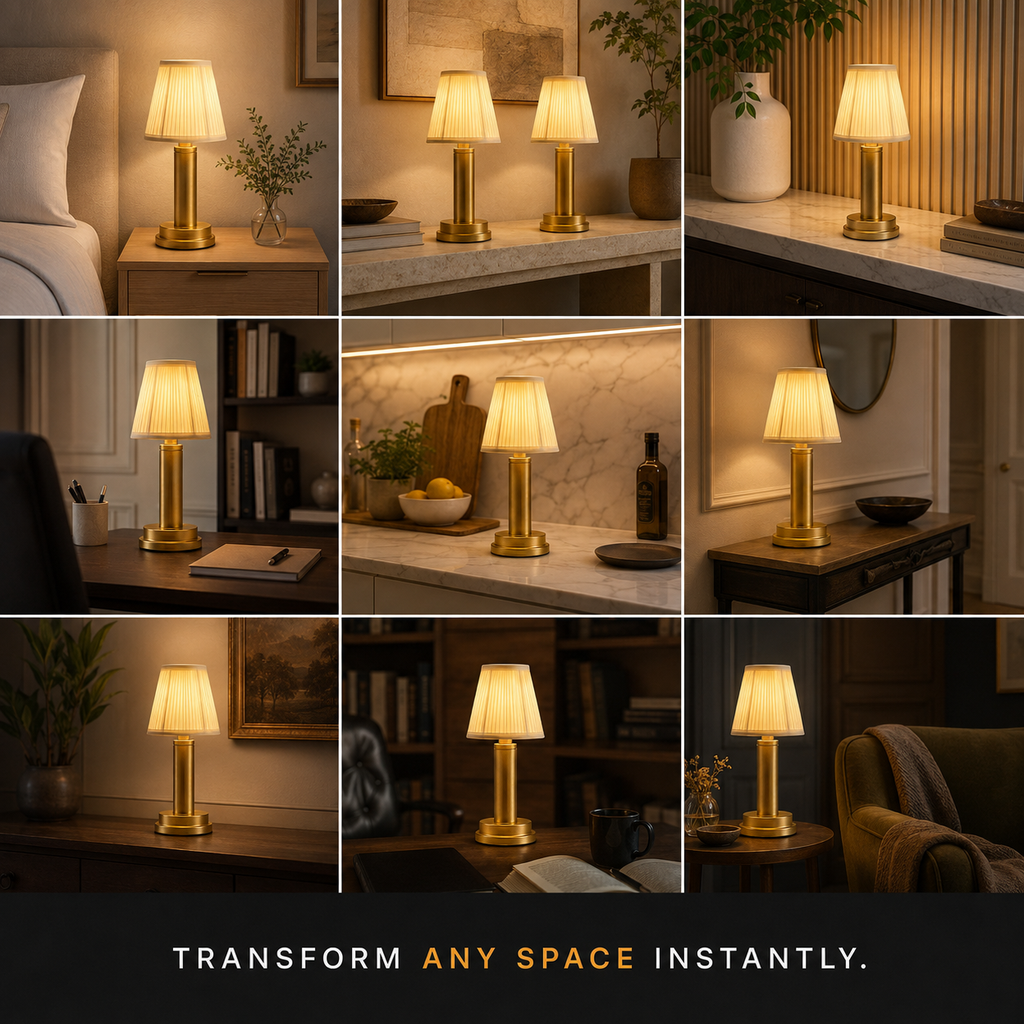 Table lamp displayed across a nine-room grid with different bedside, shelf, desk, and dining settings.