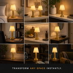 Table lamp displayed across a nine-room grid with different bedside, shelf, desk, and dining settings.