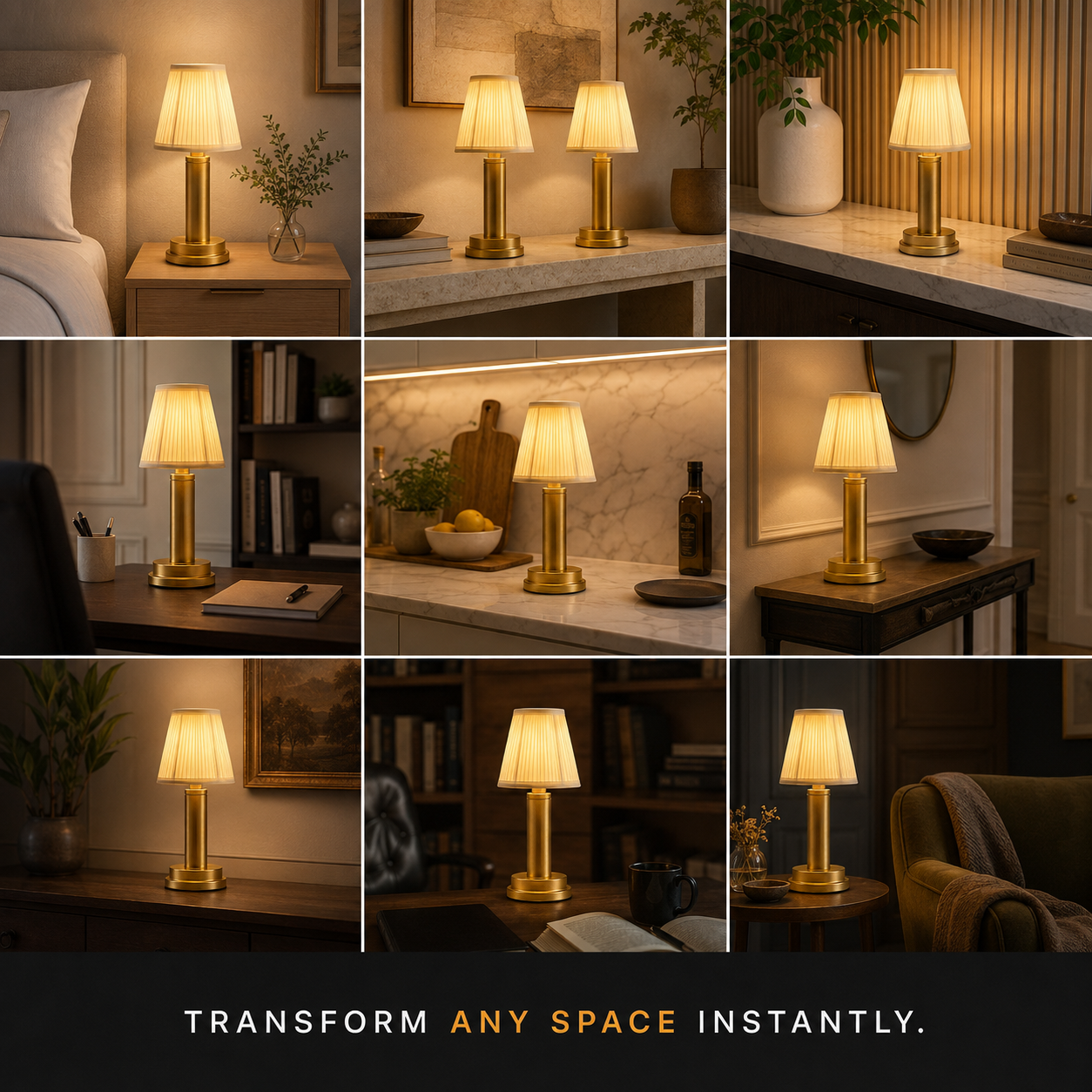 Table lamp displayed across a nine-room grid with different bedside, shelf, desk, and dining settings.