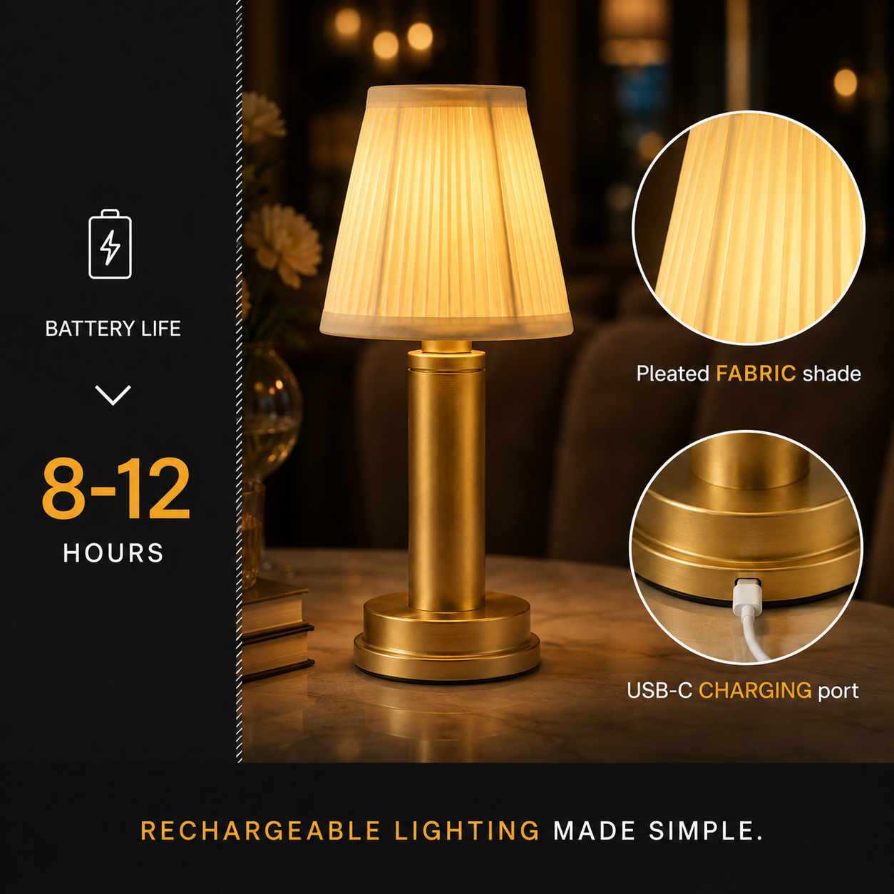Table lamp detail graphic showing the pleated shade, USB charging port, and an 8–12 hour runtime note.
