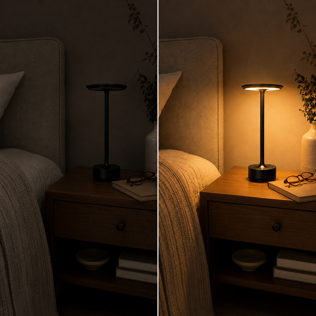 Split bedside scene showing the table lamp off on the left and glowing warmly on the right.