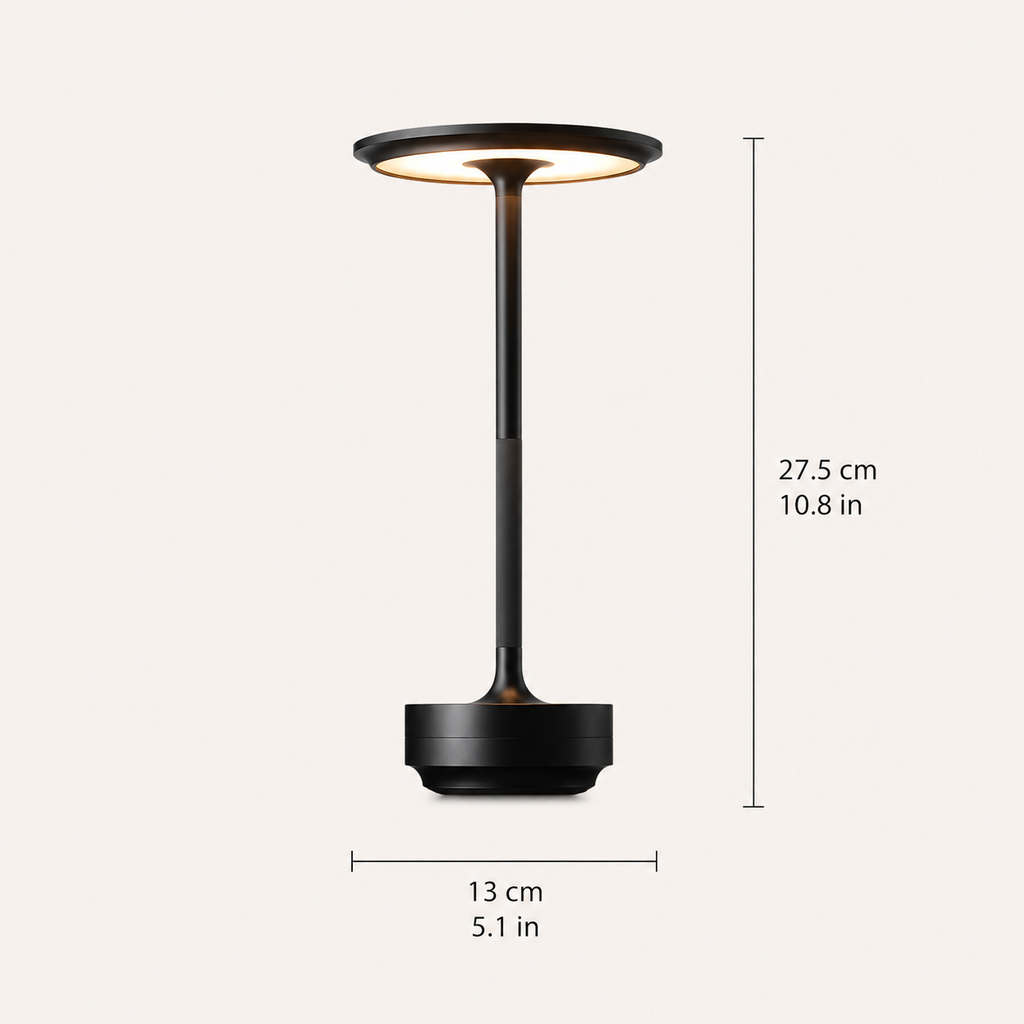 Dimensions graphic showing a black table lamp at 10.6 inches high and 5.1 inches wide.