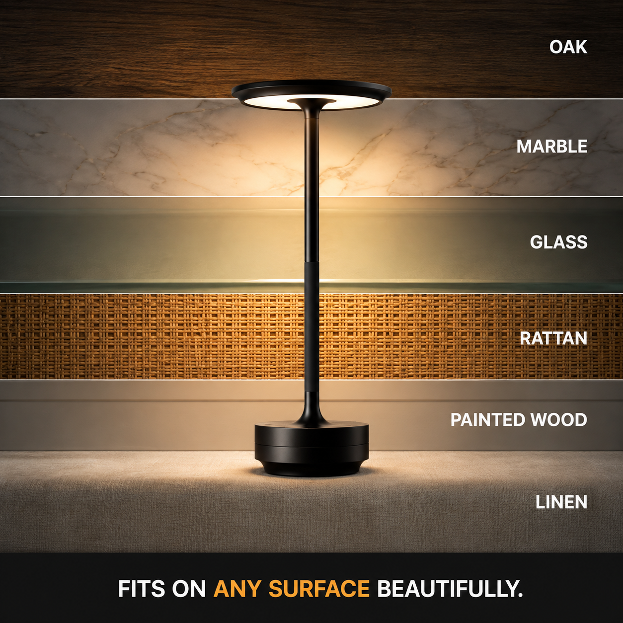 Black table lamp displayed against marble, glass, rattan, painted wood, and linen surface samples.