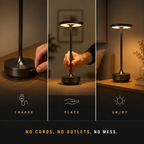 Three-panel graphic showing a table lamp being touched, adjusted, and left glowing on a tabletop.