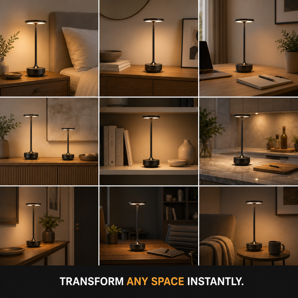 able lamp shown across a nine-room grid including bedrooms, desks, shelves, and dining spaces.