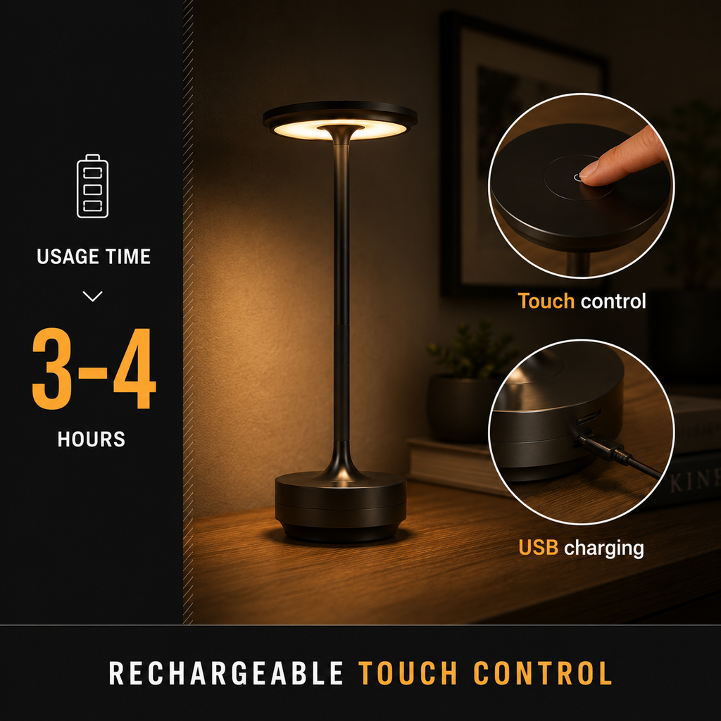 Rechargeable table lamp graphic showing touch control, a charging detail, and a 3–4 hour work time.