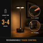 Rechargeable table lamp graphic showing touch control, a charging detail, and a 3–4 hour work time.