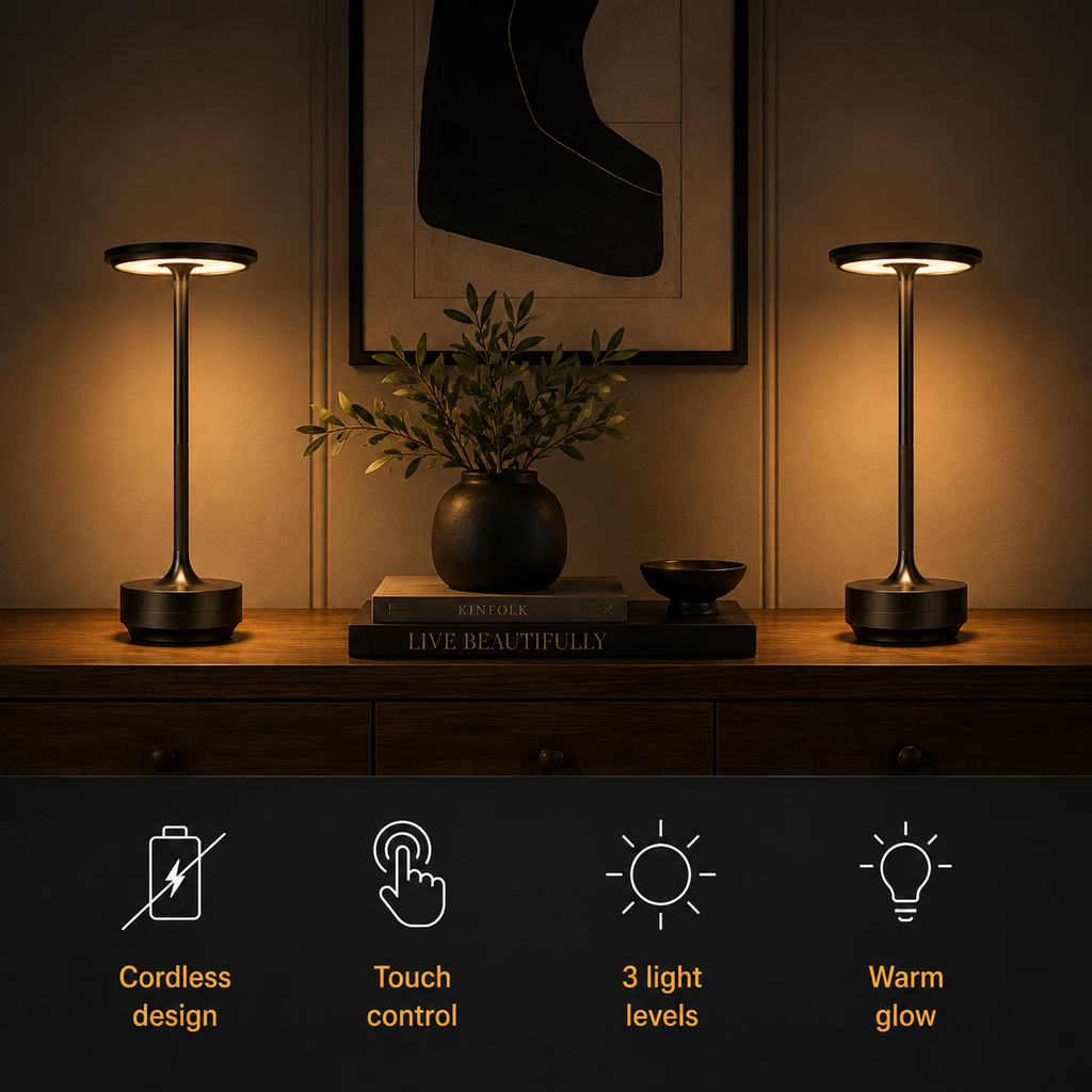 Two table lamp units glowing on a console above icons for cordless use, touch control, and light settings.