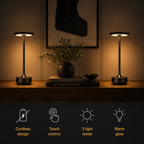 Two table lamp units glowing on a console above icons for cordless use, touch control, and light settings.