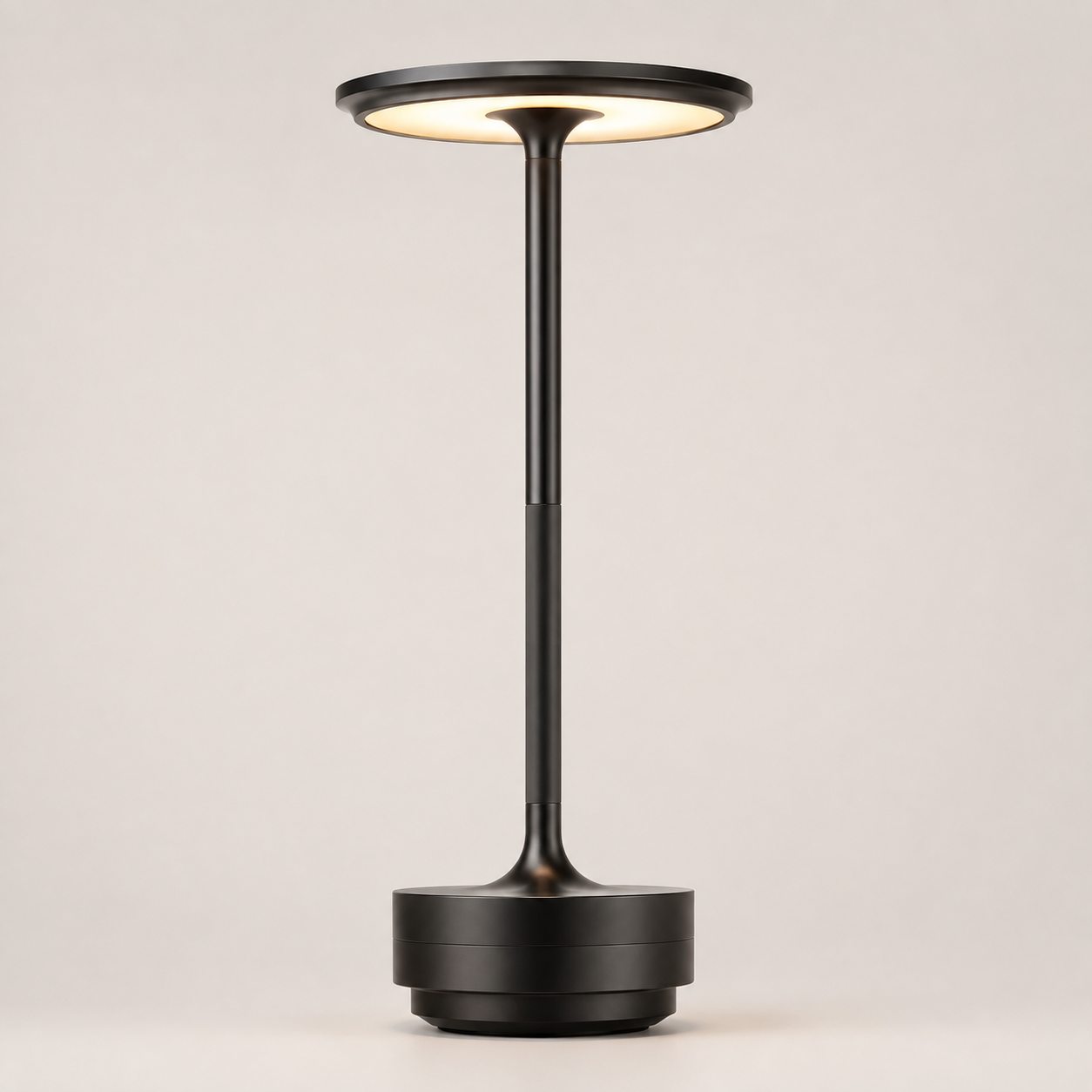 Black table lamp with a round shade, slim stem, circular base, and warm light on a plain background.