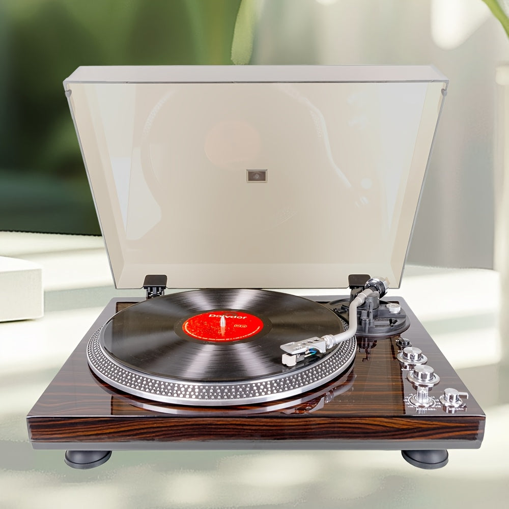 Wood finish belt drive turntable with transparent lid open