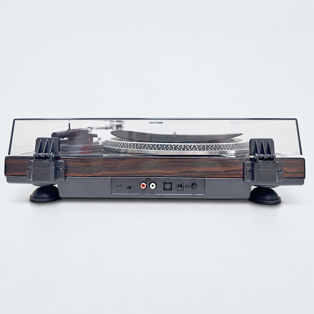 Rear view of the turntable showing RCA and power connections