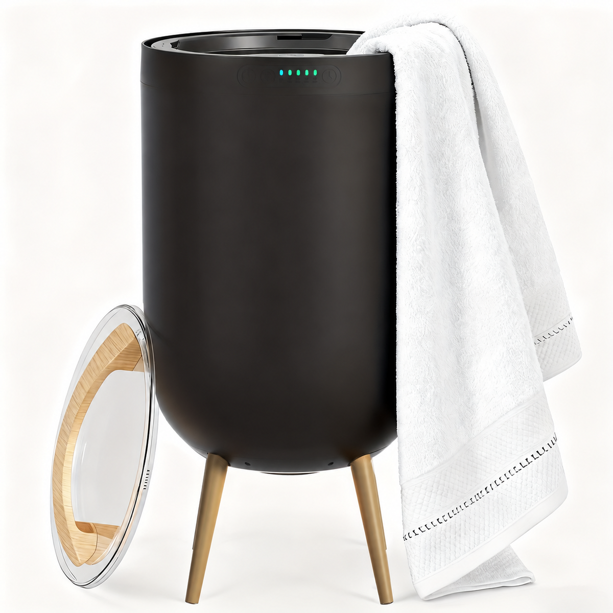 Black 23L towel warmer with gold-tone legs, open top and removable lid