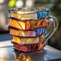 Multicolor book stack shaped mug with a curved handle on a tabletop