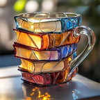 Multicolor book stack shaped mug with a curved handle on a tabletop