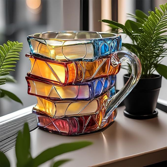 Book stack mug beside a houseplant on a windowsill