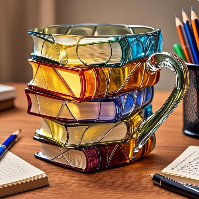 Book stack mug displayed beside pencils and an open book