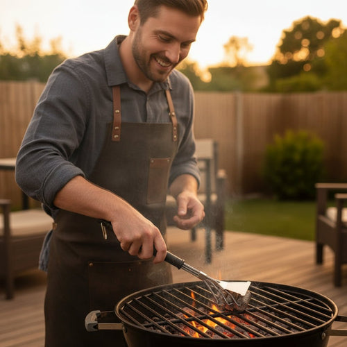 Triple-head stainless steel grill brush with scraper on an outdoor table.
